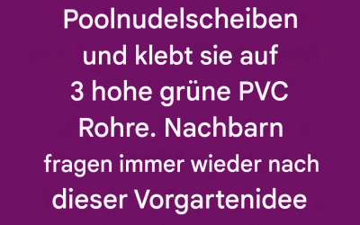 Eine Frau schneidet 50 lila Poolnudelstücke ab und klebt sie auf drei hohe grüne PVC-Rohre. Die Nachbarn fragen immer wieder nach dieser Idee für ihren Vorgarten.
