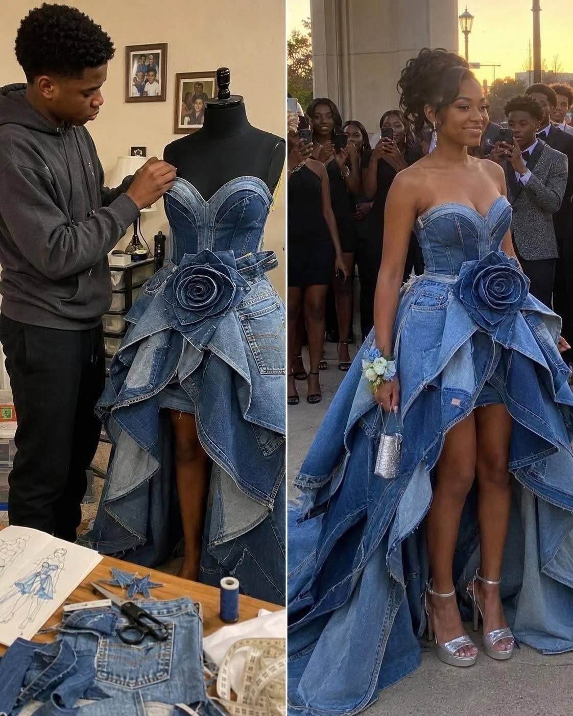 Meine Stiefmutter lachte über das Ballkleid, das mein Bruder aus den Jeans unserer verstorbenen Mutter genäht hatte. Am Ende des Abends kannte die ganze Schule die Wahrheit.