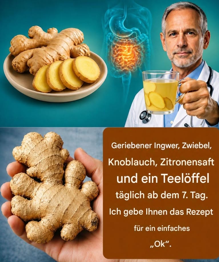 Geriebener Ingwer, Zwiebel, Knoblauch, Zitronensaft und ab Tag 7 ein Teelöffel pro Tag. Ich gebe dir das Rezept für ein einfaches “OK”.