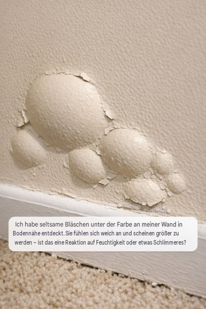 Ich habe diese seltsamen Bläschen entdeckt, die sich unter der Farbe an meiner Wand in Bodennähe gebildet haben. Sie fühlen sich weich an und scheinen größer zu werden – ist das eine Reaktion auf die Luftfeuchtigkeit oder etwas Schlimmeres?
