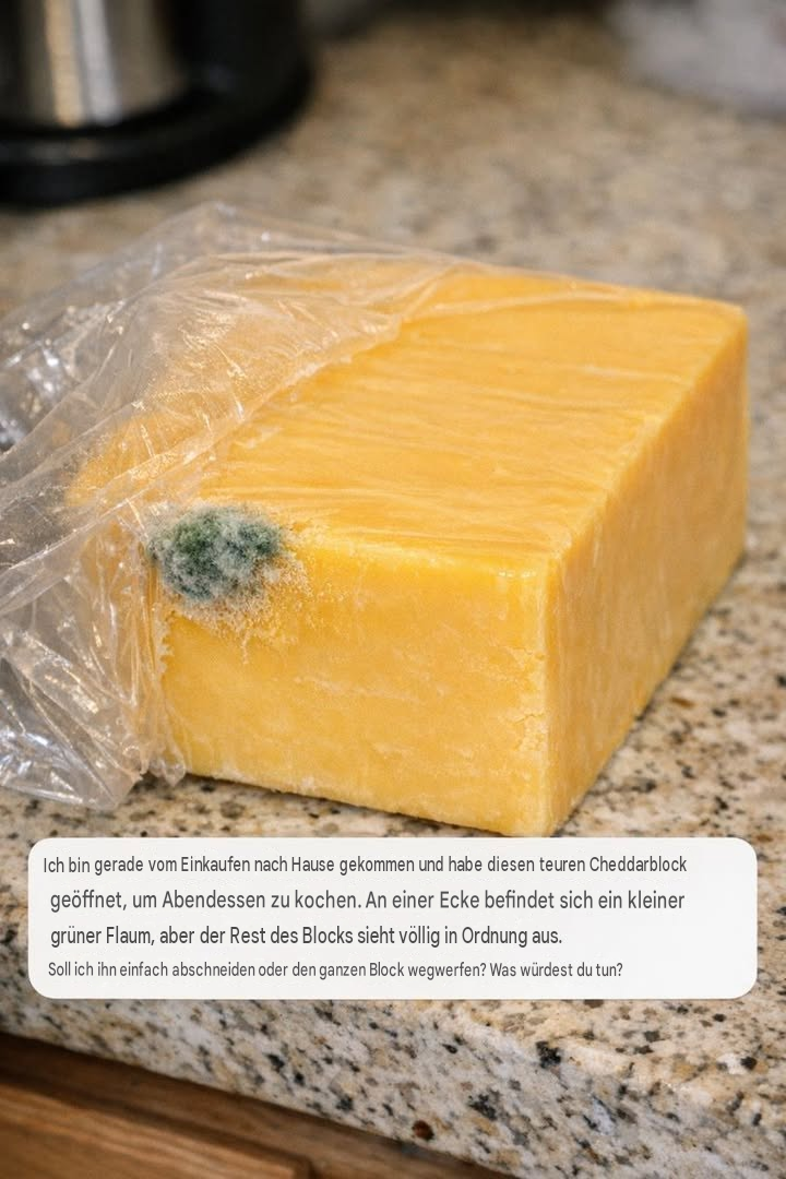 Ich bin gerade vom Einkaufen zurück und habe diesen teuren Cheddar-Block ausgepackt, um Abendessen zu kochen. An einer Ecke ist ein kleiner grüner Flaum, aber der Rest des Blocks sieht einwandfrei aus. Muss ich einfach nur
