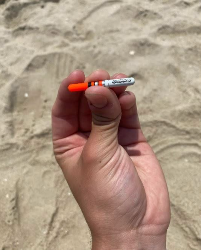 „Seltsame Kapsel an einem öffentlichen Strand gefunden. Ungefähr 5 cm lang, aufschraubbar, mit einer Art Papier- oder Gummiteil im orangenen Teil. Wozu dient sie?“ Siehe Kommentare